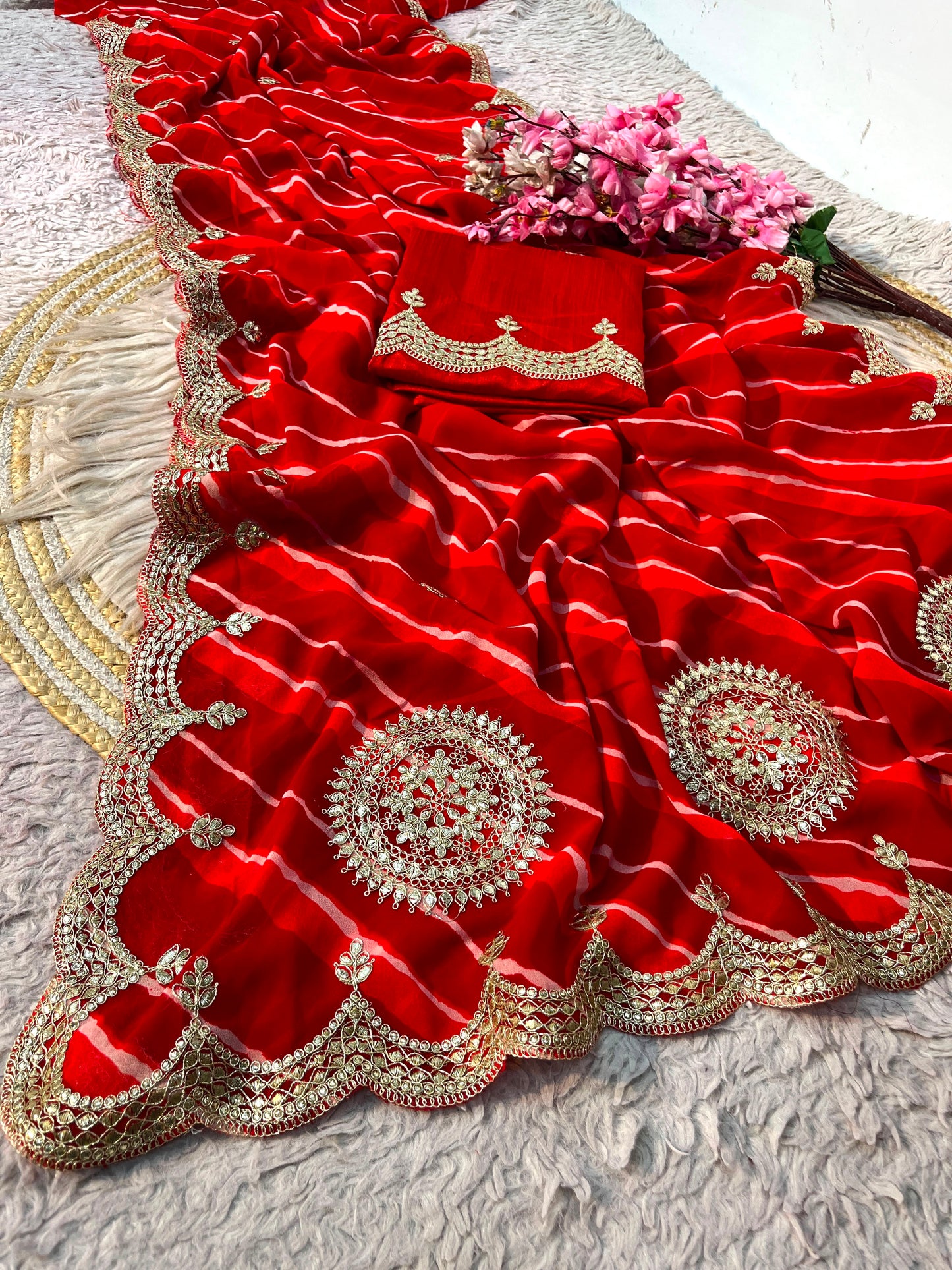 Traditional Leheriya Georgette Saree with Heavy Foil Gota Work & Cutwork Border