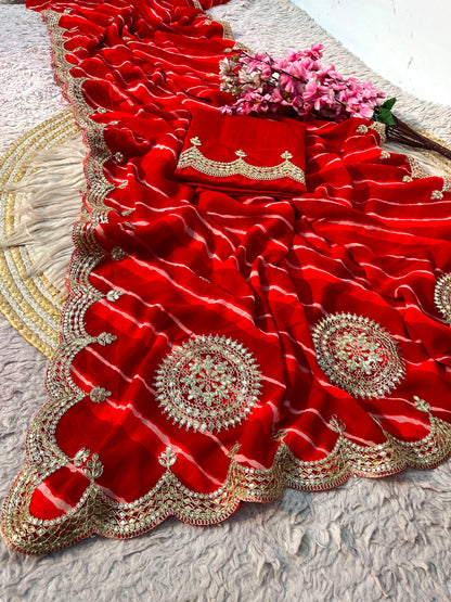 Traditional Leheriya Georgette Saree with Heavy Foil Gota Work & Cutwork Border