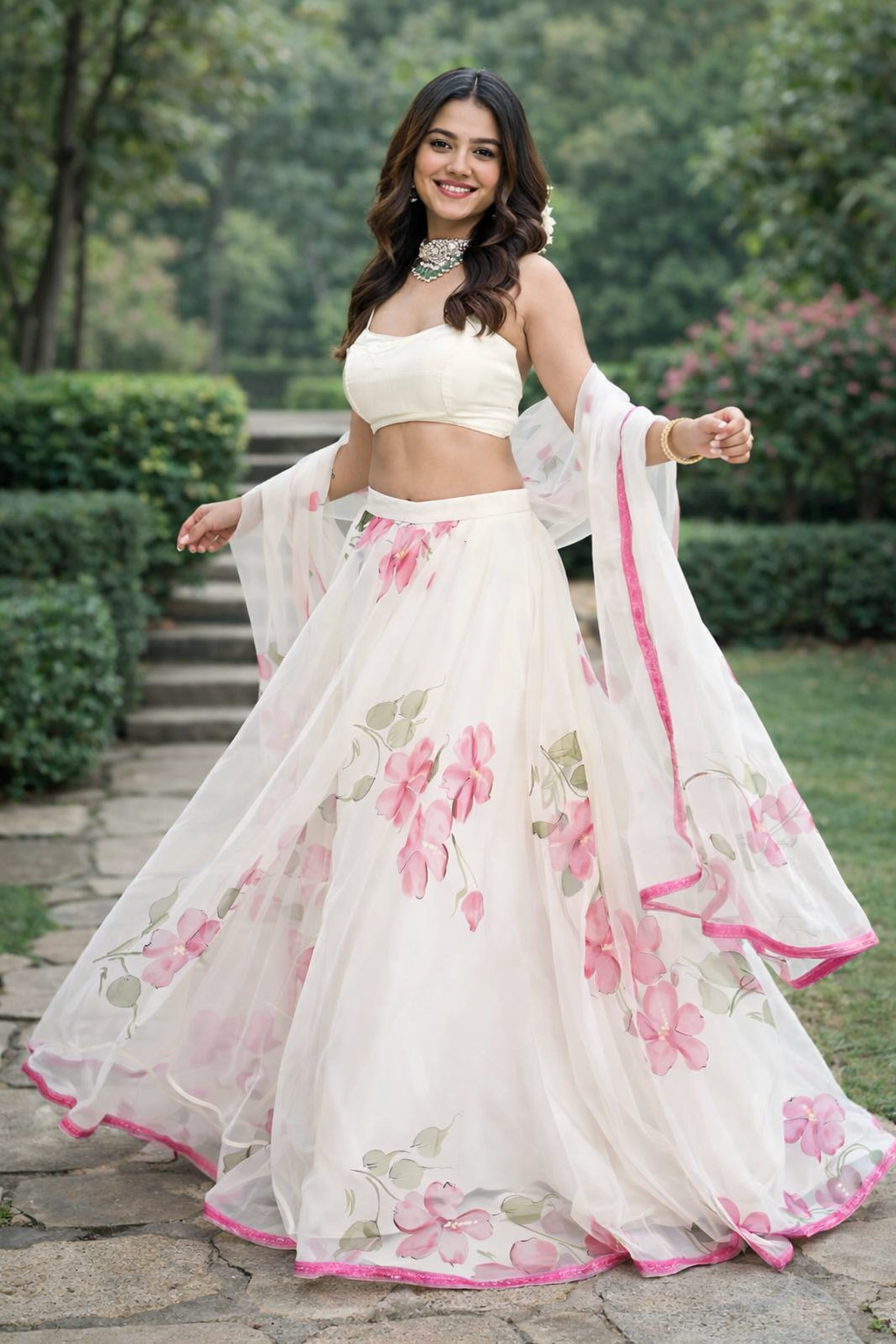 Hand Painted Organza Silk Lehenga with Satin Silk Blouse & Dupatta