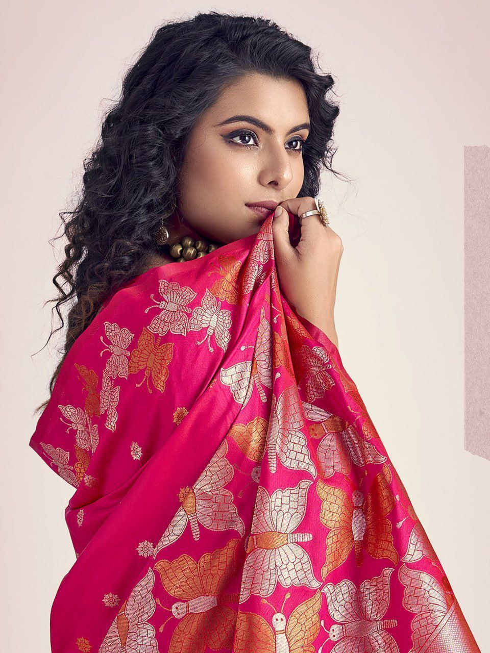 Rani Pink Butterfly Printed Silk Look Saree