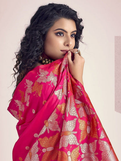 Rani Pink Butterfly Printed Silk Look Saree