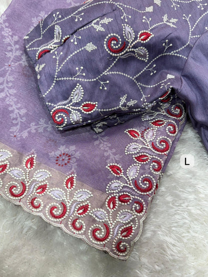 Barfi Cotton Satin Embroidered Saree with Designer Blouse
