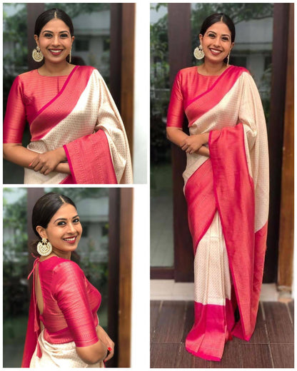 Pink Cream Silk Saree