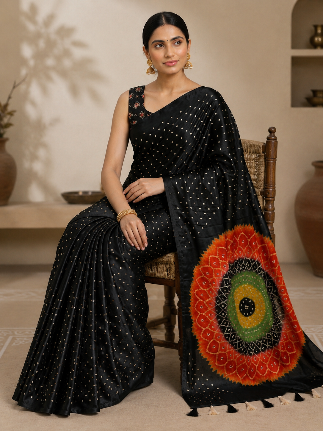 Premium Japan Satin Mirror Work Saree with Tassel Pallu