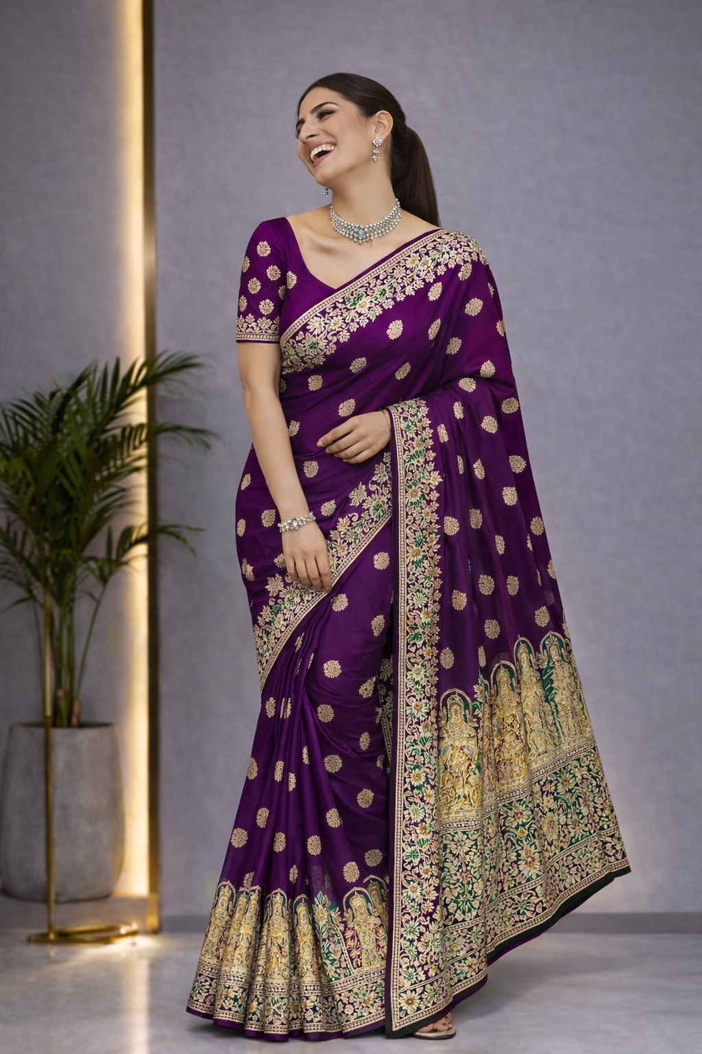 Pure Silk Meenakari Foil Print Designer Saree With Contrast Blouse