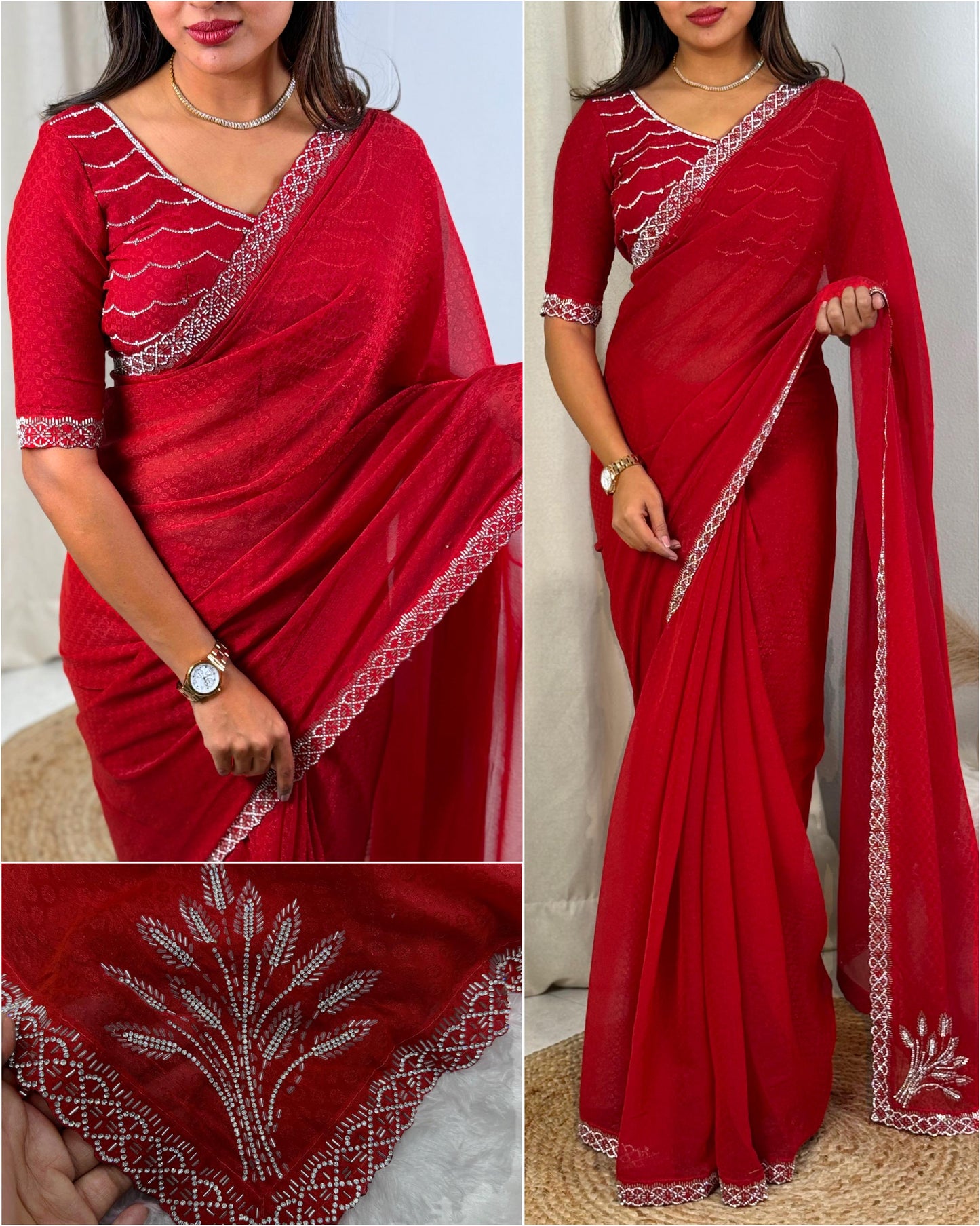 Pure Two Tone Fandy Satin Swarovski Work Partywear Saree with Jacquard Blouse