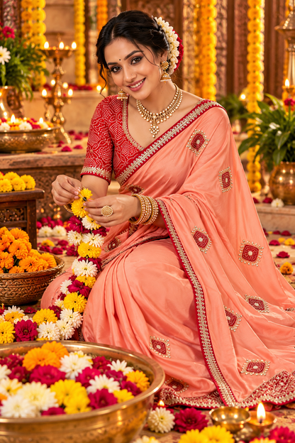 Chinon Saree with Heavy Bandhej Patch Butta & Gotapatti Work