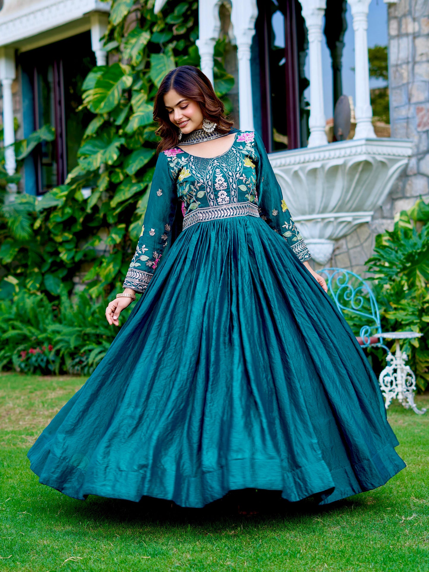 Elegant Festival Wear Fendy Silk Long Gown with Embroidered Dupatta