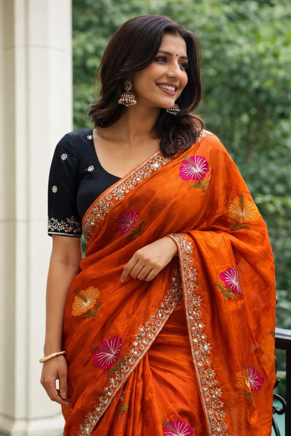 Soft Rangoli Silk Saree with Floral Embroidery & Mirror Work Border