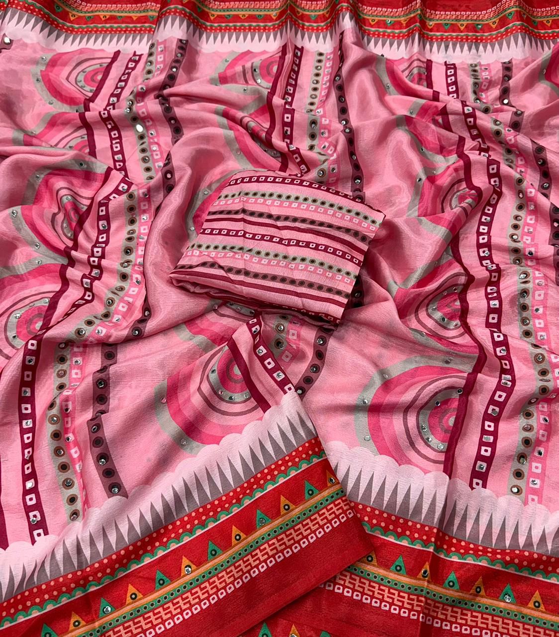 Designer Chinon Digital Print Mirror Work Saree Collection