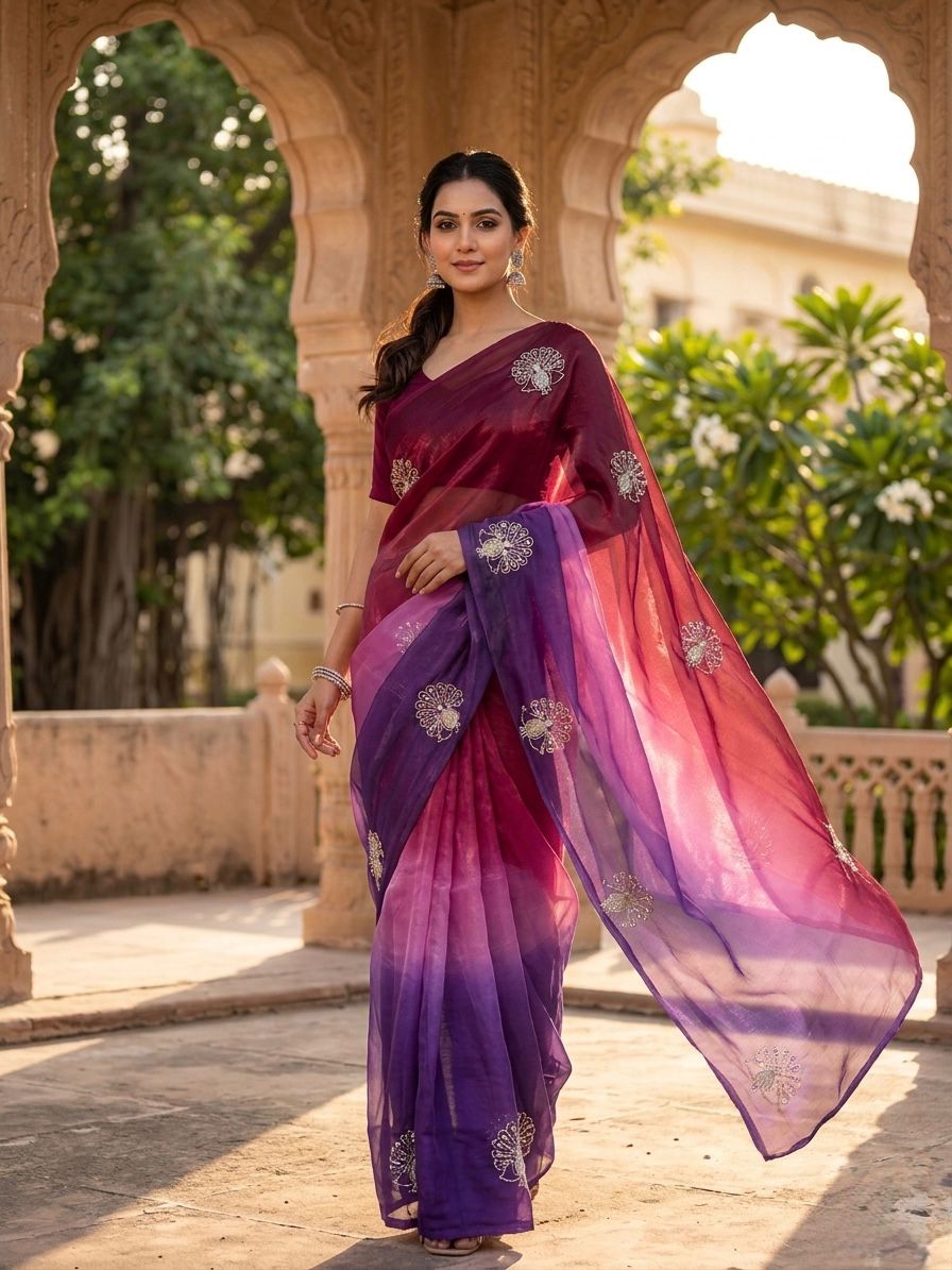 Soft Space Silk Ombre Saree with Sequins & Zari Work – Designer Party Wear