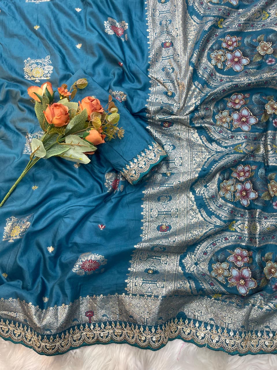 Gulmohar Dola Silk Saree with Zari Weaving & Cutdana Handwork Border