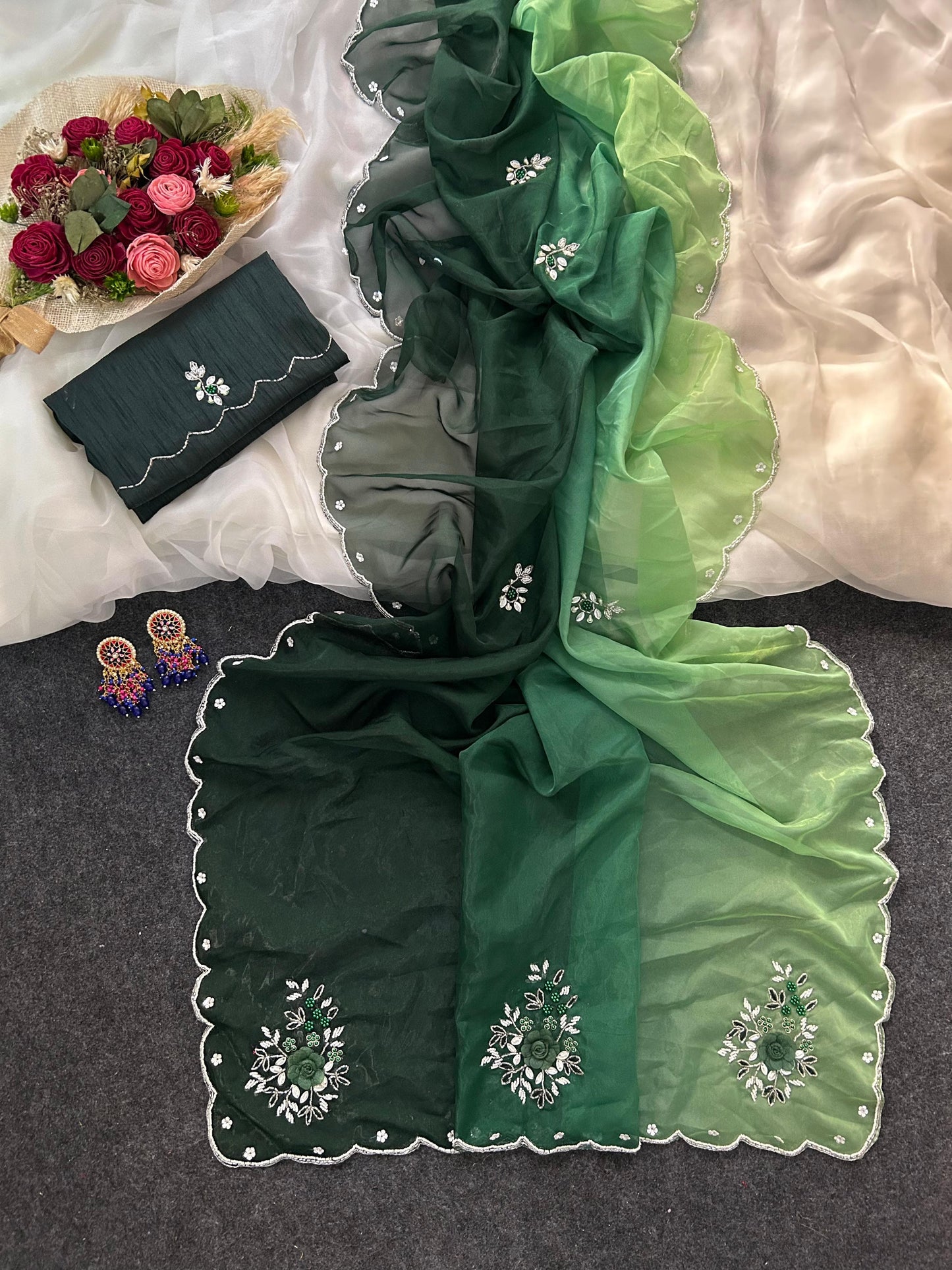 Vrinda Designer Organza Saree With Handwork Butties & Cutdana Border