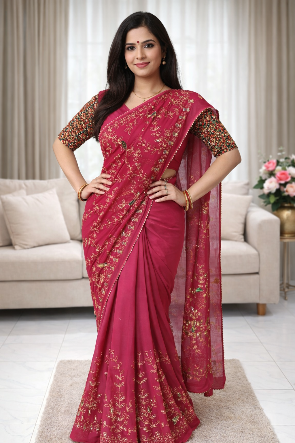 Royal Georgette Darbari Saree with Multi Sequence Work & Lace Border