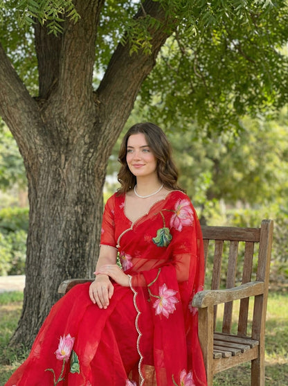 Pure Soft Teby Silk Saree with Digital Floral Print & Moti Cutdana Work Border