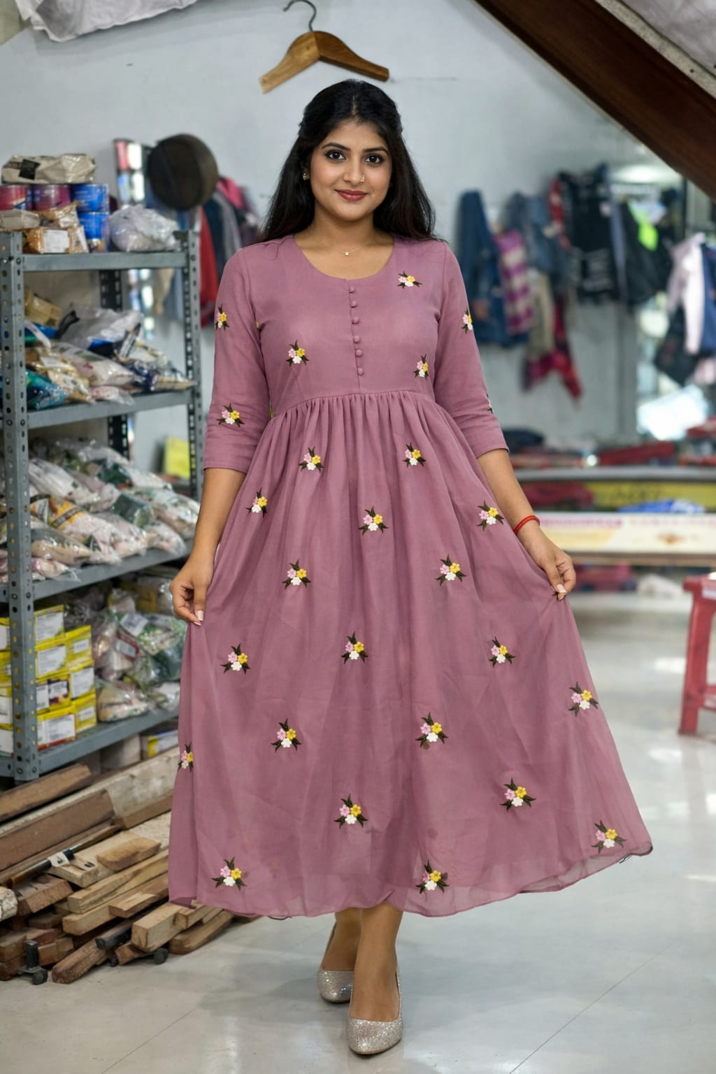 Women’s Multi Embroidery Butti Fox Georgette Silk Frock Dress (M to XXL)