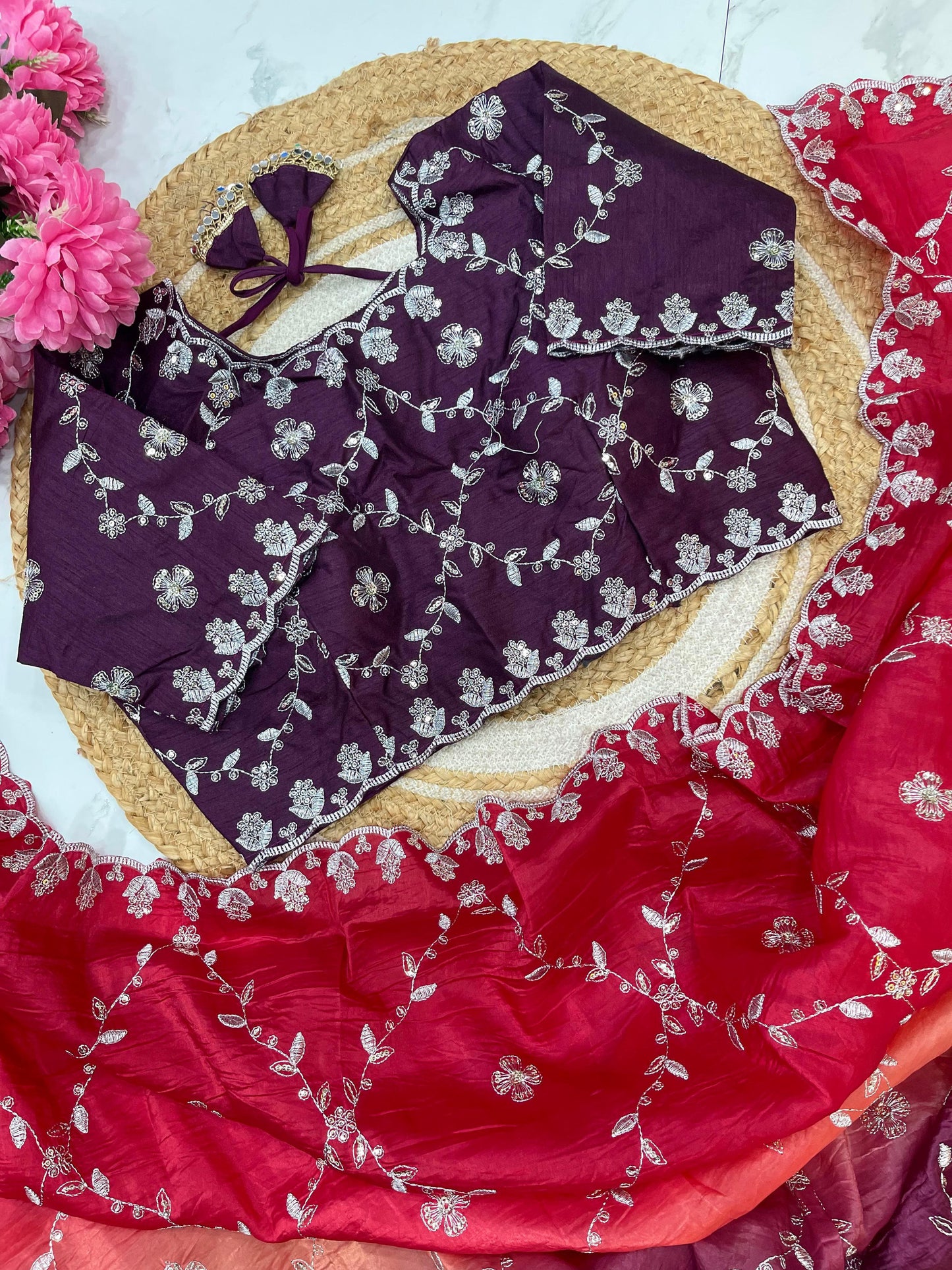 Gold Crush Embroidery Sequence Work Saree With Fully Stitched Blouse (5 Colours)
