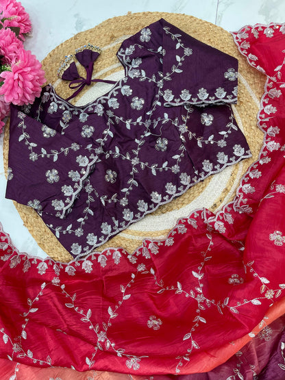 Gold Crush Embroidery Sequence Work Saree With Fully Stitched Blouse (5 Colours)