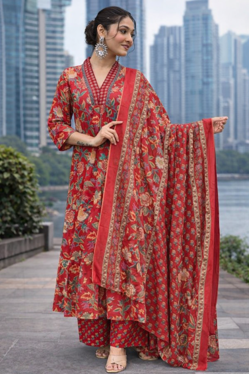 Premium Cotton Blend A-Line Printed Suit Set with Dupatta (Top, Bottom & Dupatta)