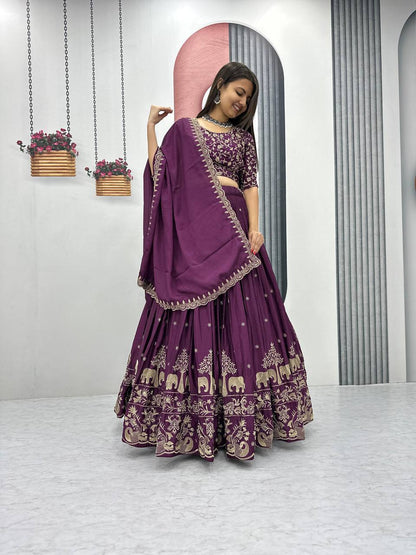 Purple Chinon Embroidered Festival Lehenga Choli Set