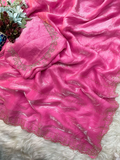 Rupali Pink Space Silk Saree with Hand Jharkhand Cutdana Border & Designer Blouse