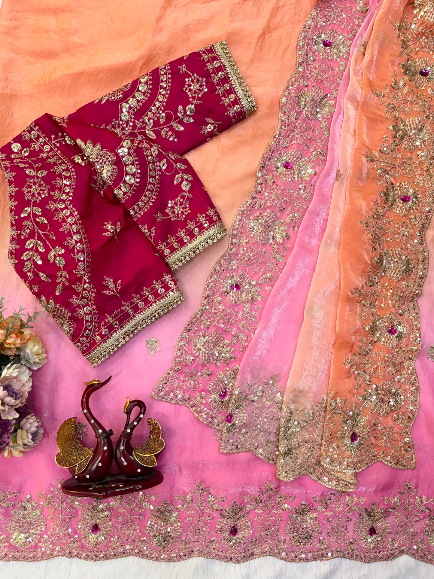 Soft Space Silk Shaded Saree with Hand Mina, Sequins & Zari Embroidery | Full Stitch Blouse