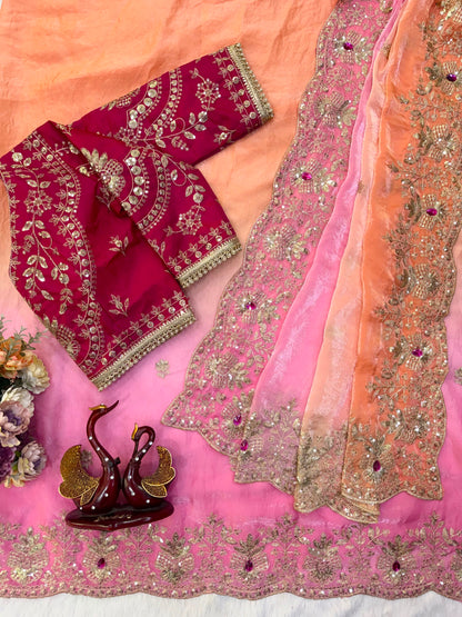 Soft Space Silk Shaded Saree with Hand Mina, Sequins & Zari Embroidery | Full Stitch Blouse