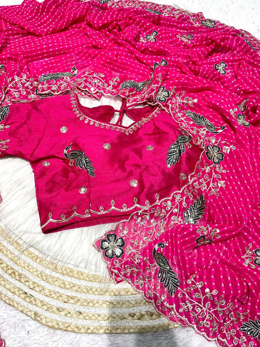 Georgette Muthda Saree with Peacock Thread Work & Cut Work