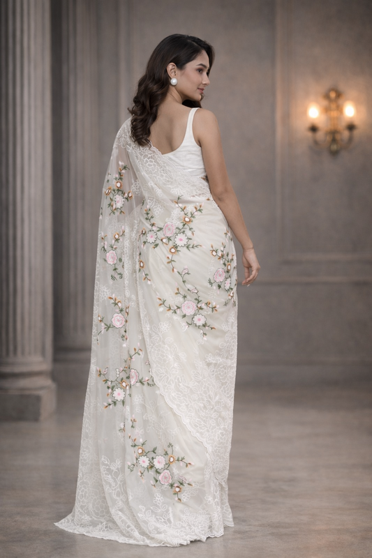 Premium Shinning Silk Jimmy Choo Saree with Heavy Embroidery Jaal & Floral Motifs