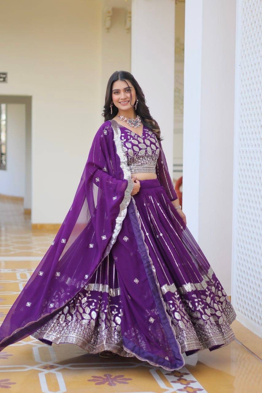 Purple Embroidered Wedding Lehenga Choli Set