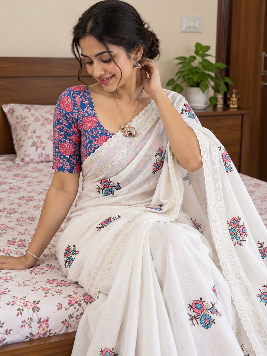 Star Georgette Saree with All Over Floral Embroidery & Digital Print Blouse