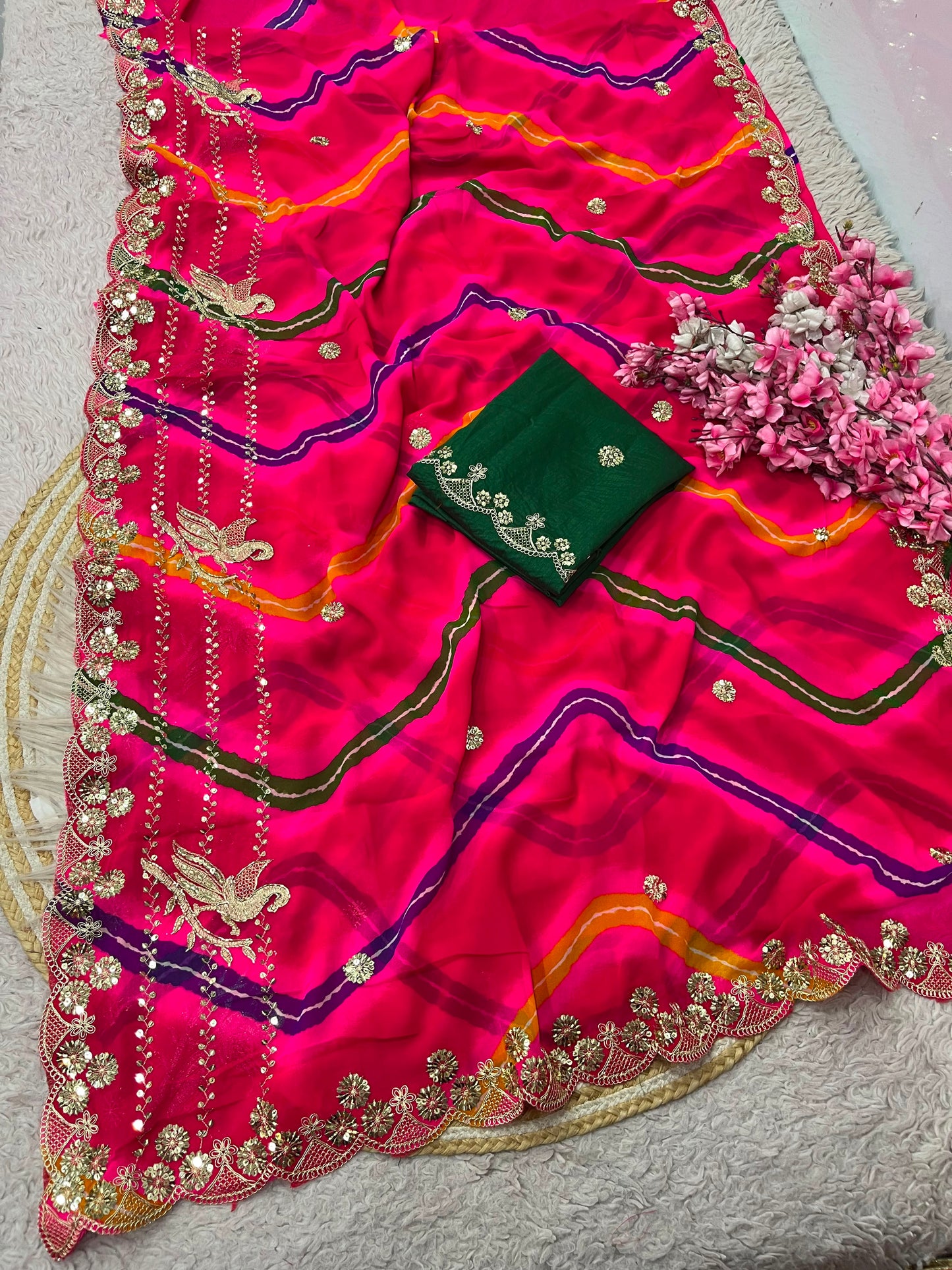 Premium Pink Organza Silk Saree with Heavy Embroidery & Mirror Work | Designer Party Wear Saree
