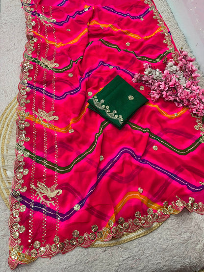Premium Pink Organza Silk Saree with Heavy Embroidery & Mirror Work | Designer Party Wear Saree