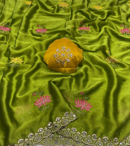 Designer Rangoli Silk Saree With Embroidery Work & Real Mirror Cutwork Border