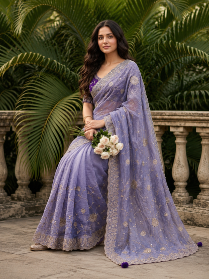 Adhya Fendy Chiffon Two Tone Saree with Embroidery, 3mm Sequence Jari Work & Fully Stitched Blouse | 6 Colors