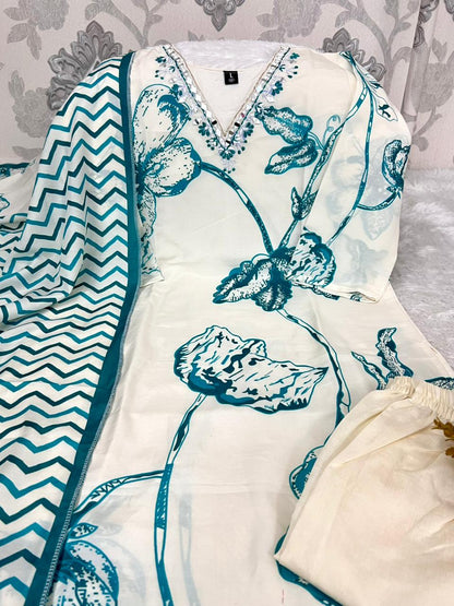 Best Seller Muslin Silk Kurti Pant Dupatta Set | Floral Print | M–4XL