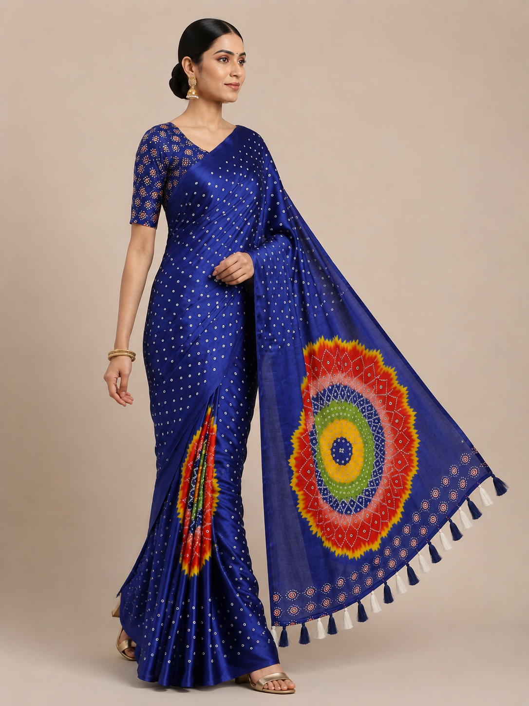 Premium Japan Satin Mirror Work Saree with Tassel Pallu