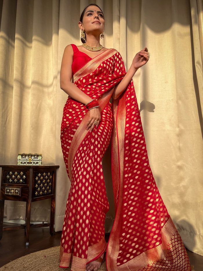 Red Gold Buti Saree