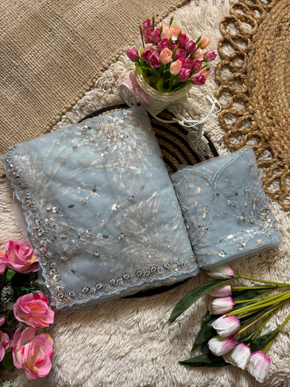 Premium Butterfly Soft Net Saree With Multi Sequence & Thread Embroidery