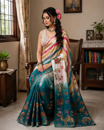 Beautiful Rajasthani Royal Look Soft Chinon Digital Saree with Mirror Work