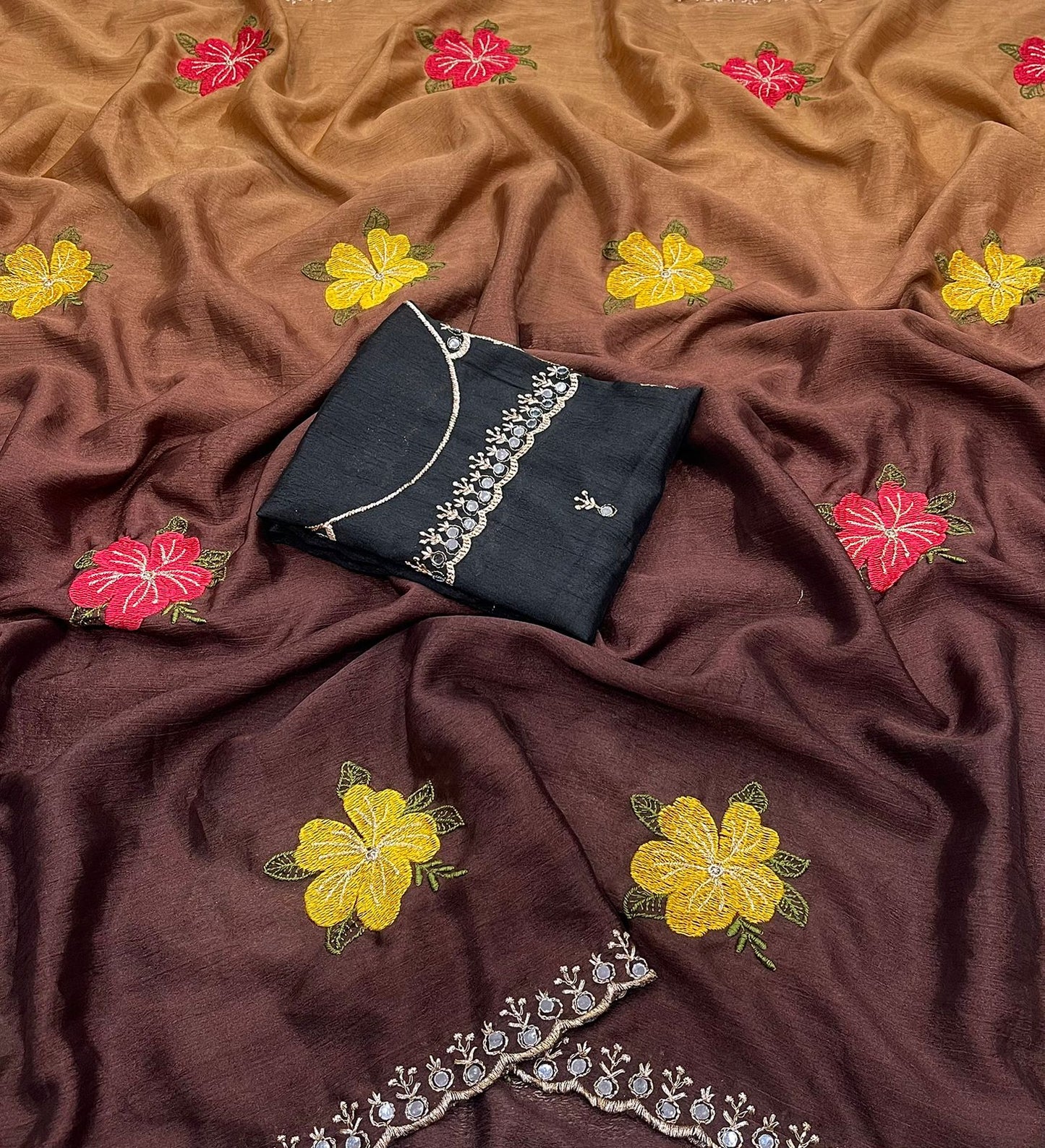 Soft Chinon Dual Shade Silk Saree with Embroidery & Mirror Work