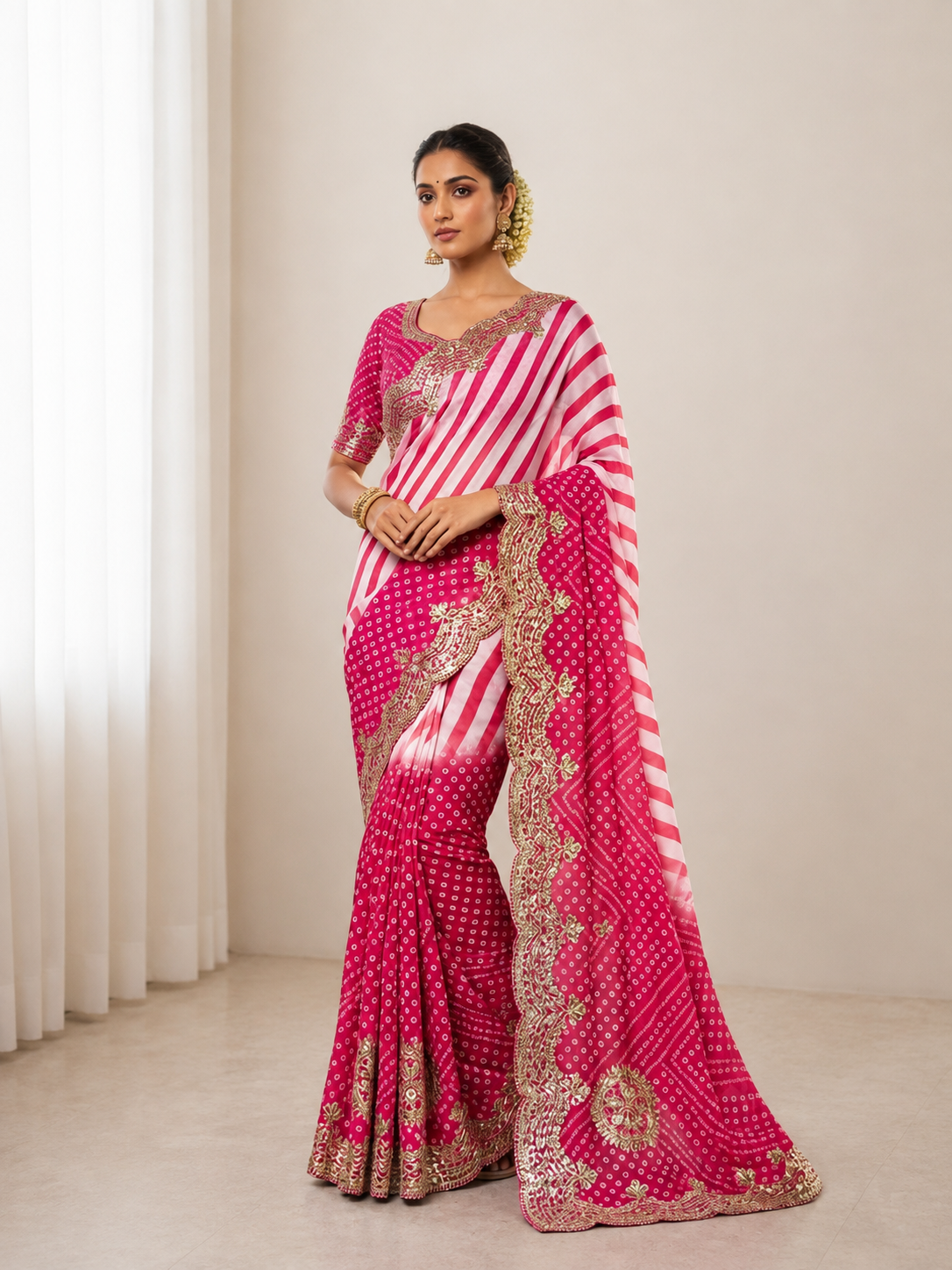 Chinon Digital Leheriya Saree with Heavy Gota Foil Work & Rich Pallu