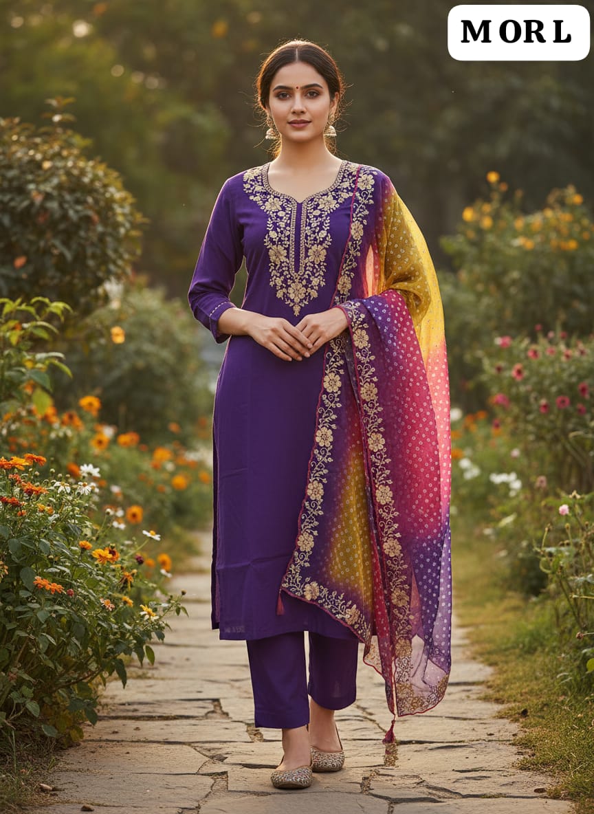 Designer Roman Silk Kurti Pant Set with Gota Patti Embroidery & Lehariya Dupatta