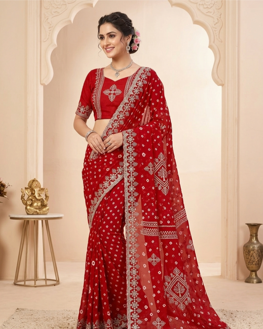 Red Bandhani Printed Saree with Elegant Zari Border – Festive Traditional Wear