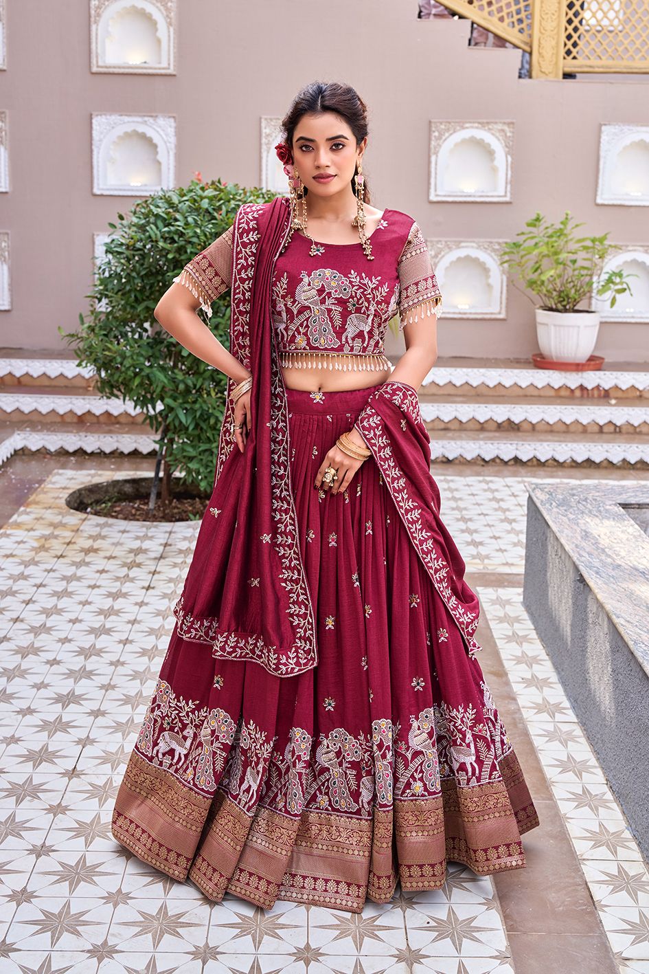 Pure Vichitra Embroidered Lehenga Choli with Dupatta