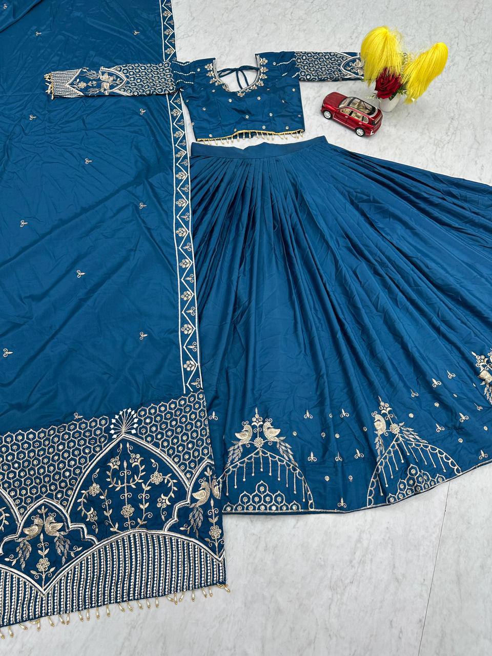 Teal Blue Crepe Silk Embroidered Lehenga Choli Set