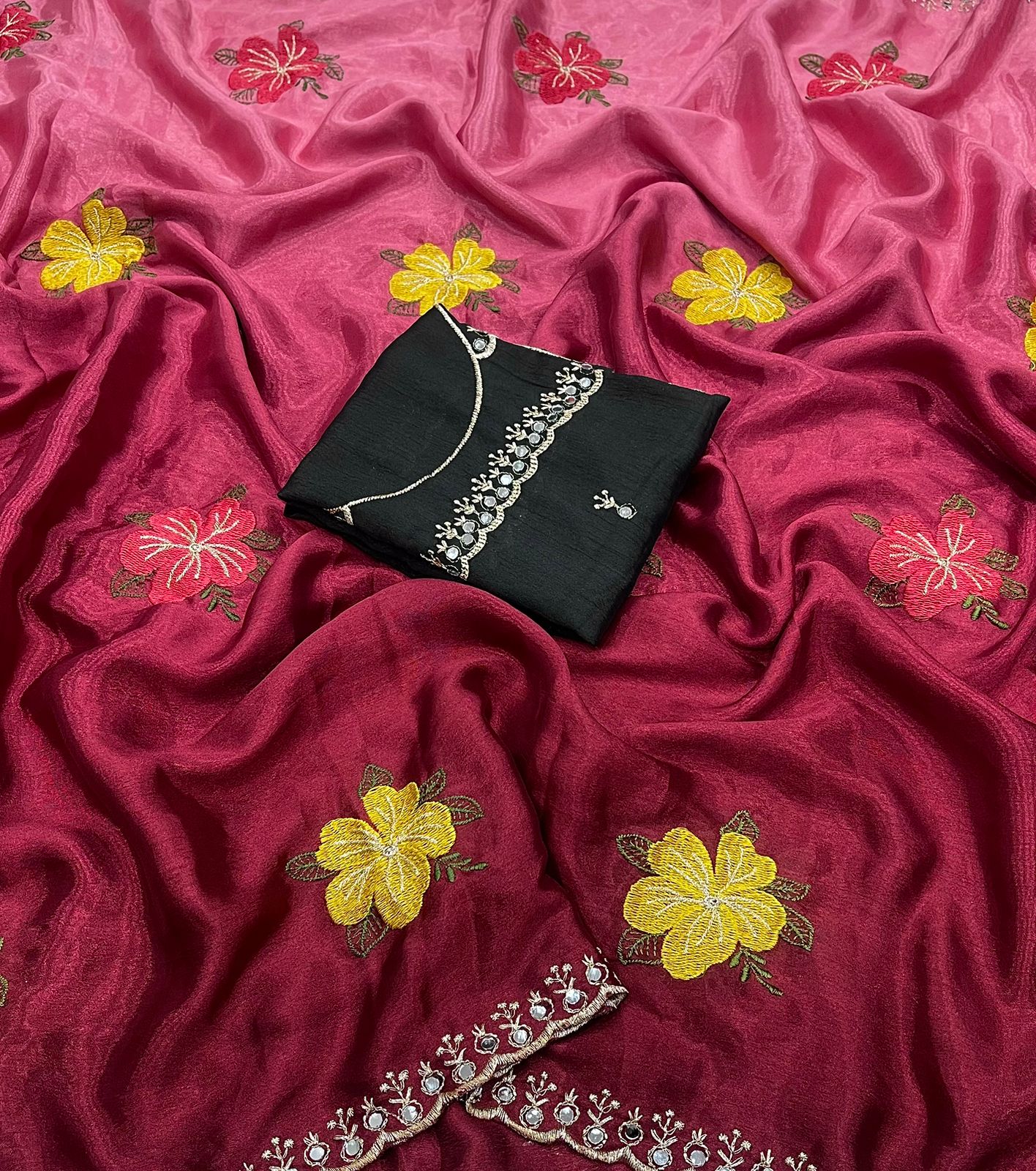 Soft Chinon Dual Shade Silk Saree with Embroidery & Mirror Work