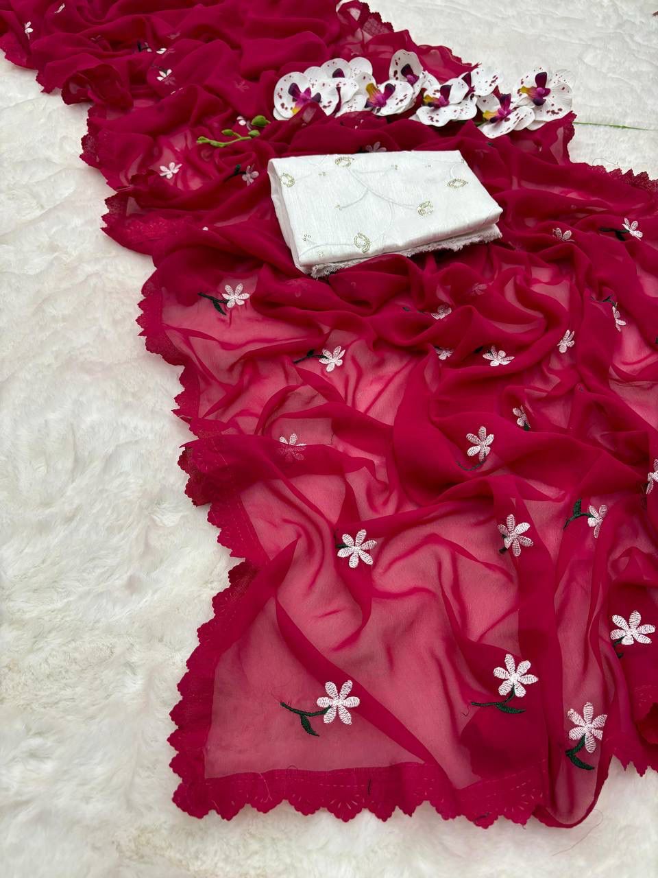 Floral Embroidered Georgette Saree – Lightweight Daily & Party Wear