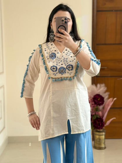 Cotton Natural Flax Mirror Work Cord-Set for Women – Embroidered Designer Top with Palazzo Pant (Cream Brown & Cream Blue)