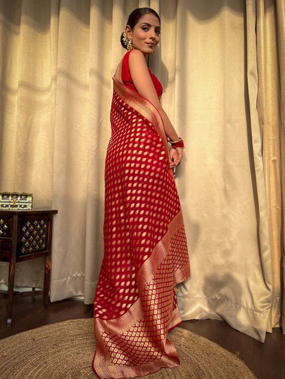 Red Gold Buti Saree